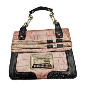 GUESS Vintage Y2K Bling Bow Pink Beige Black Faux Snake Croc Gator Handbag